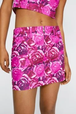 Rose Printed Zip Front Twill Micro Mini Skirt