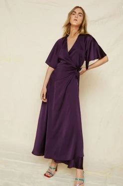 Satin Angel Sleeve Tie Side Maxi Dress