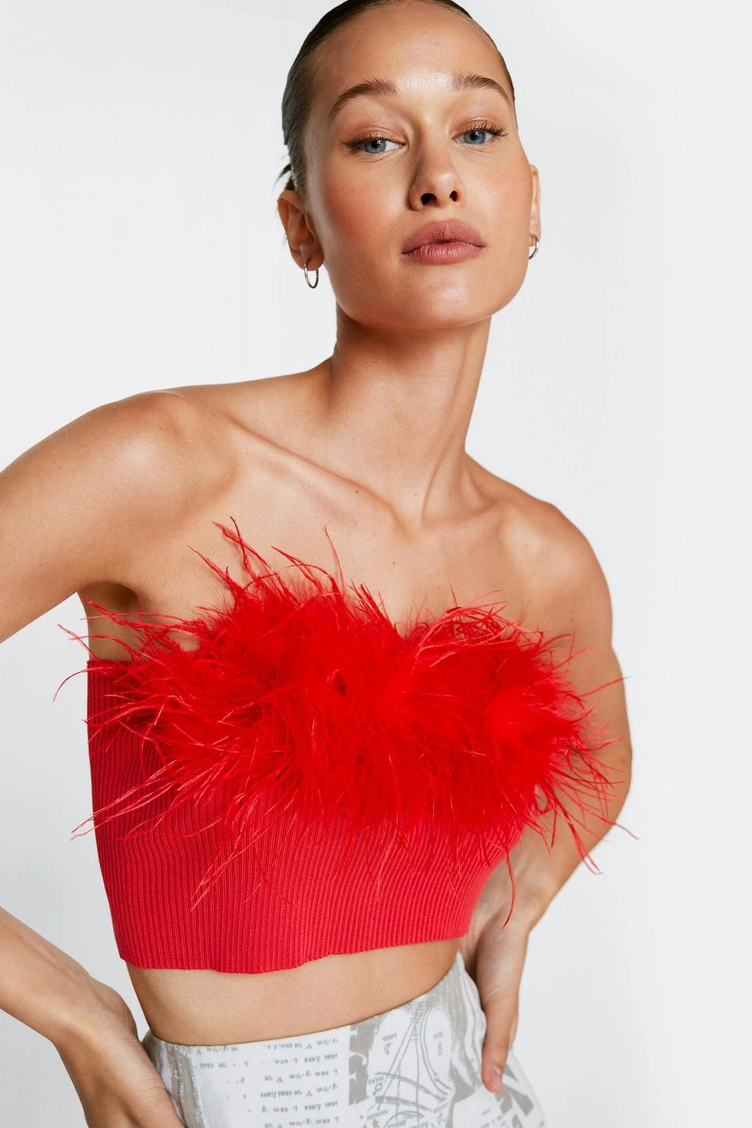 Faux Feather Trim Ribbed Bandeau Top - Image 7