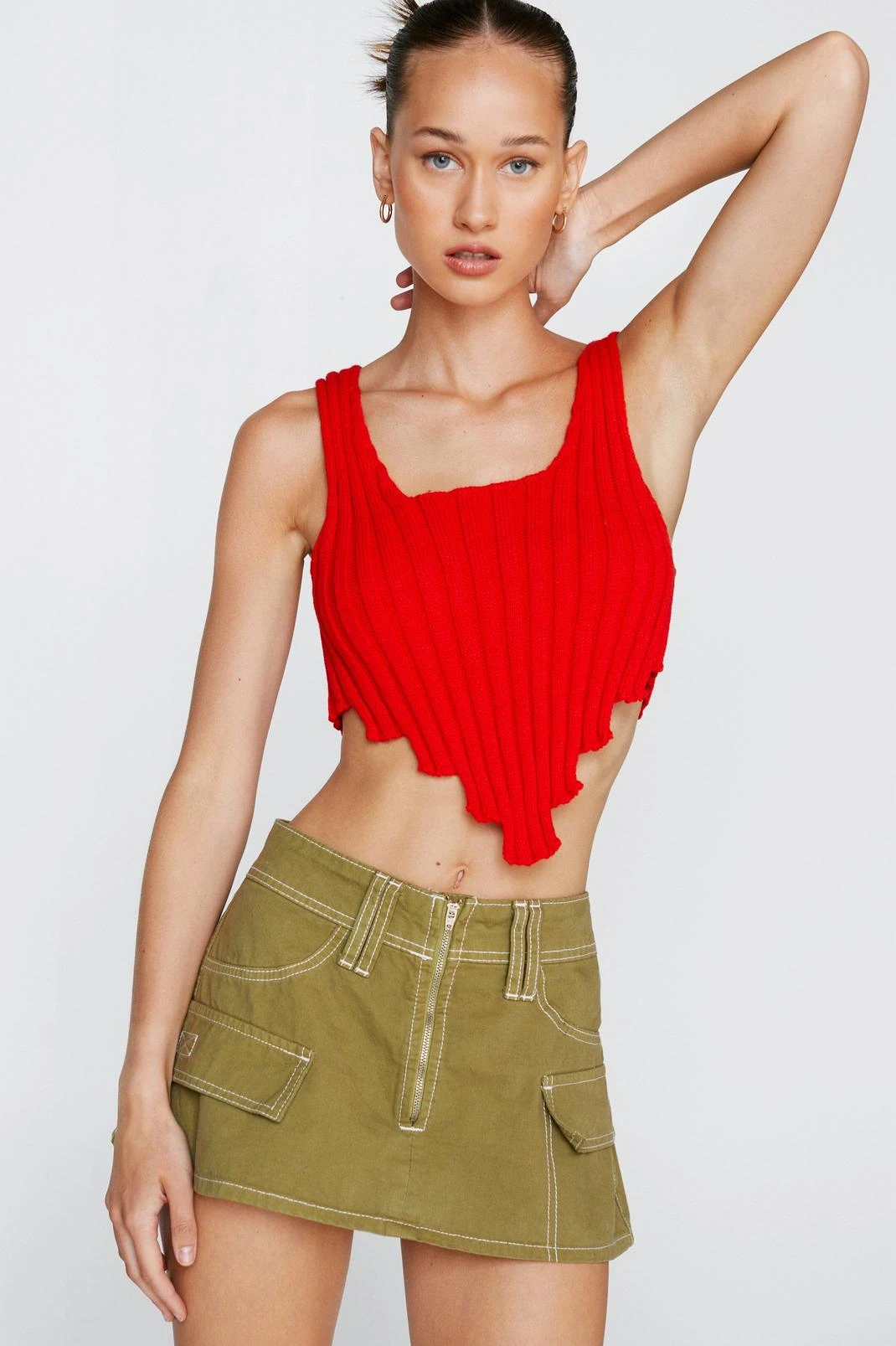 Ribbed Asymmetric Hem Knitted Crop Top - Image 2