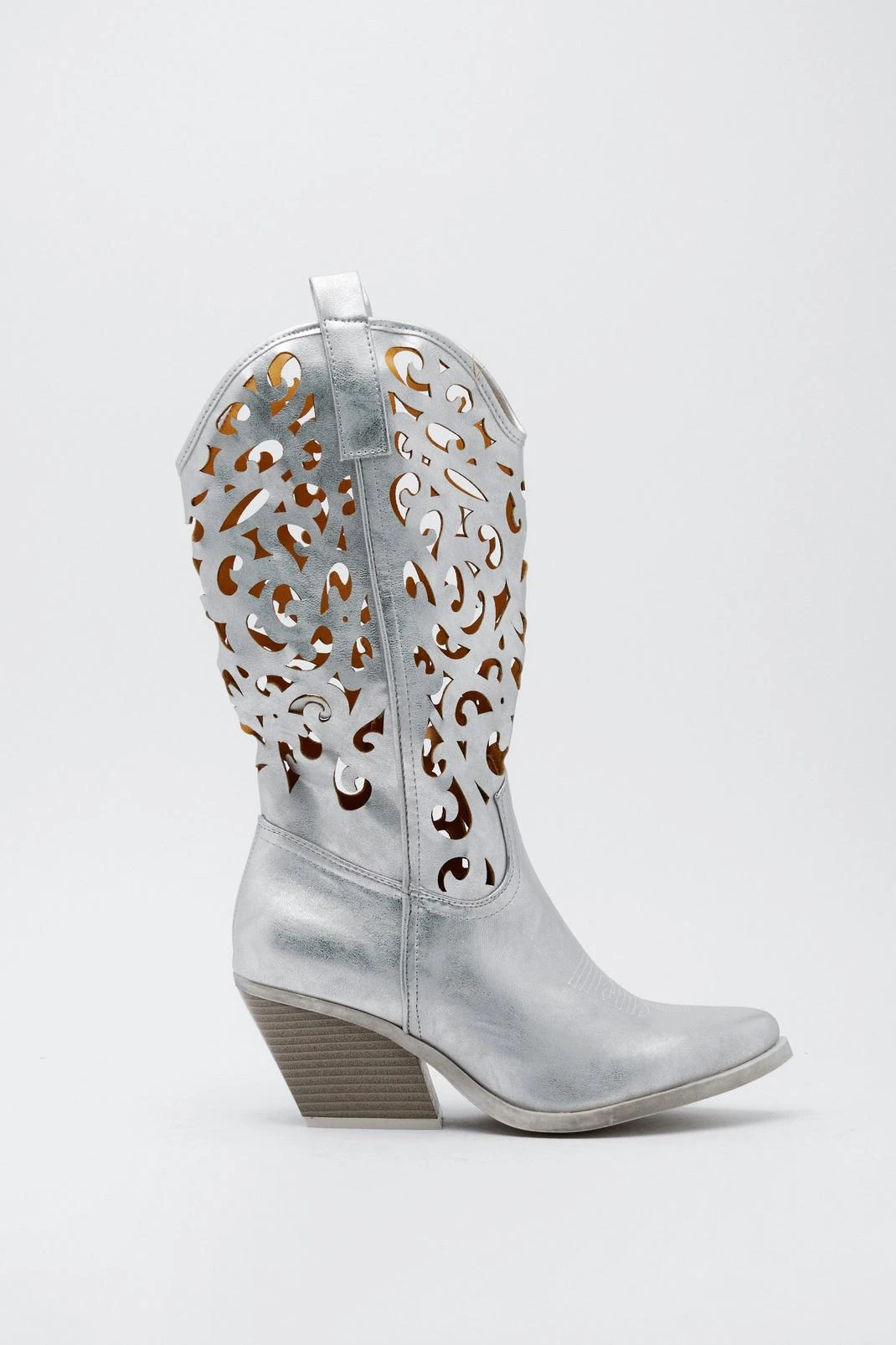 Faux Leather Baroque Knee High Cowboy Boots - Image 2
