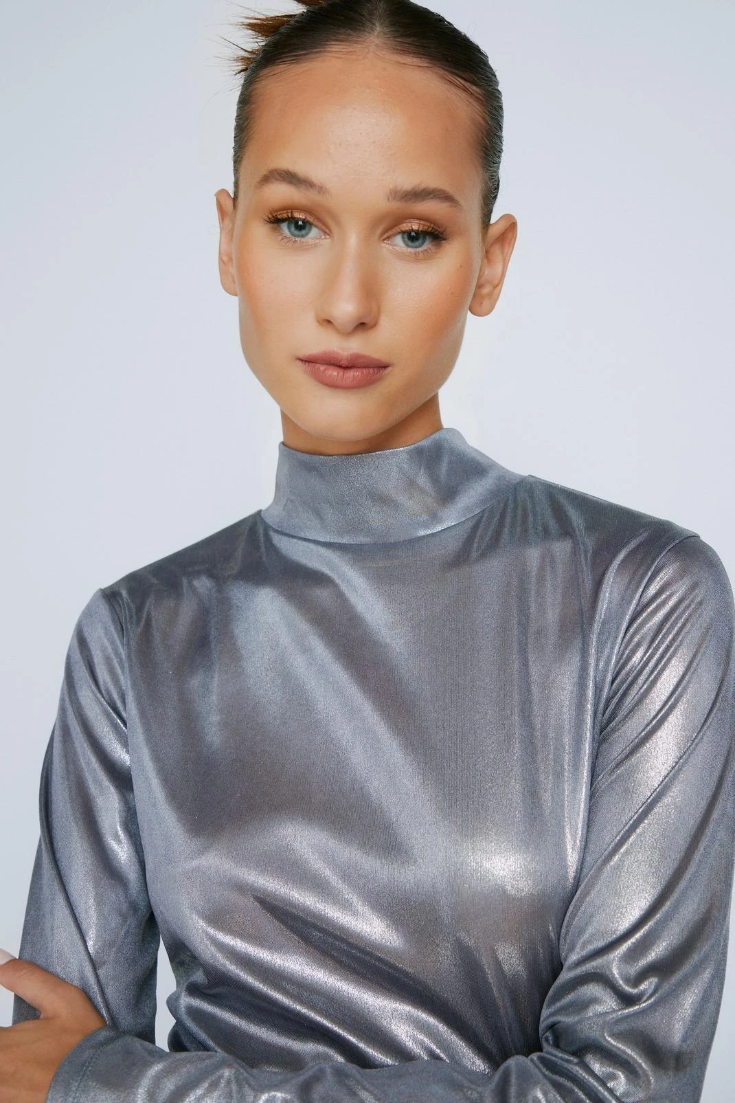Petite Wetlook Long Sleeve Funnel Neck Top - Image 2