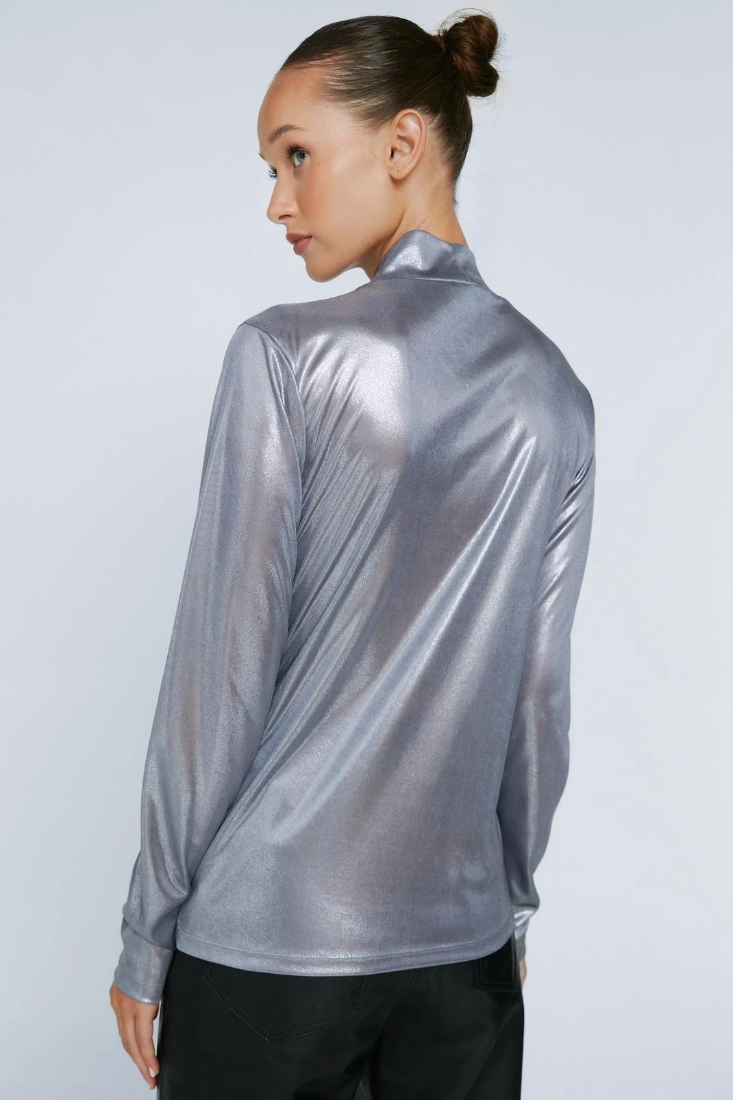 Petite Wetlook Long Sleeve Funnel Neck Top - Image 3