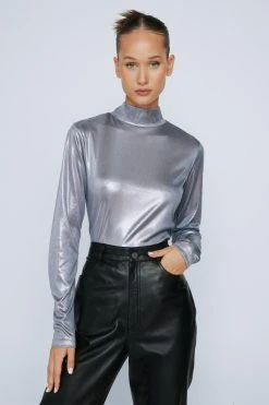 Petite Wetlook Long Sleeve Funnel Neck Top