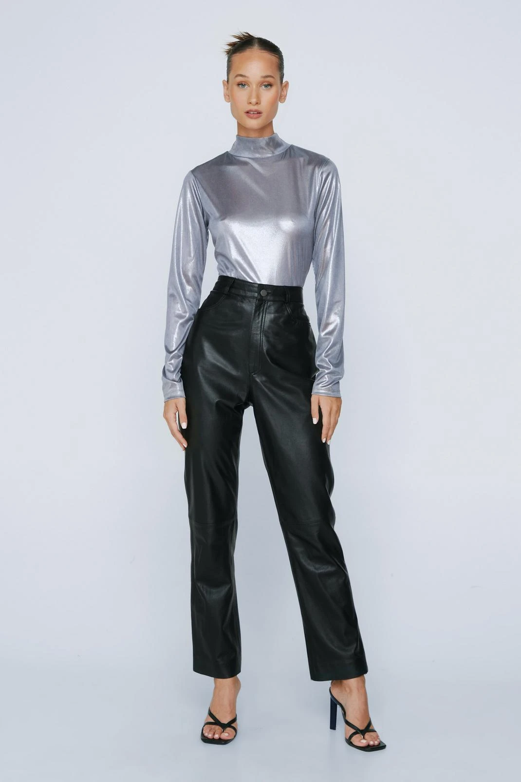 Petite Wetlook Long Sleeve Funnel Neck Top - Image 4