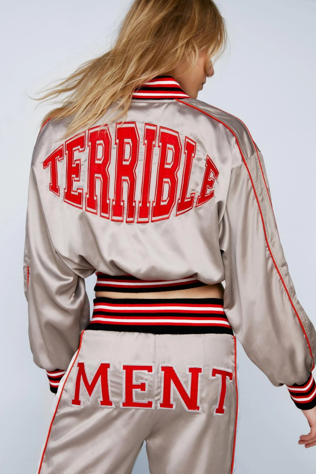 Slogan Back Cropped Satin Bomber Jacket - Image 3