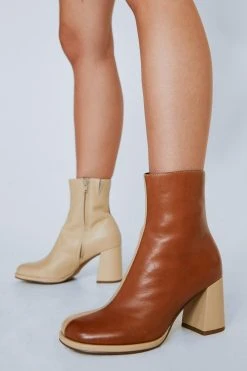Leather Two Tone Round Toe Ankle Boots