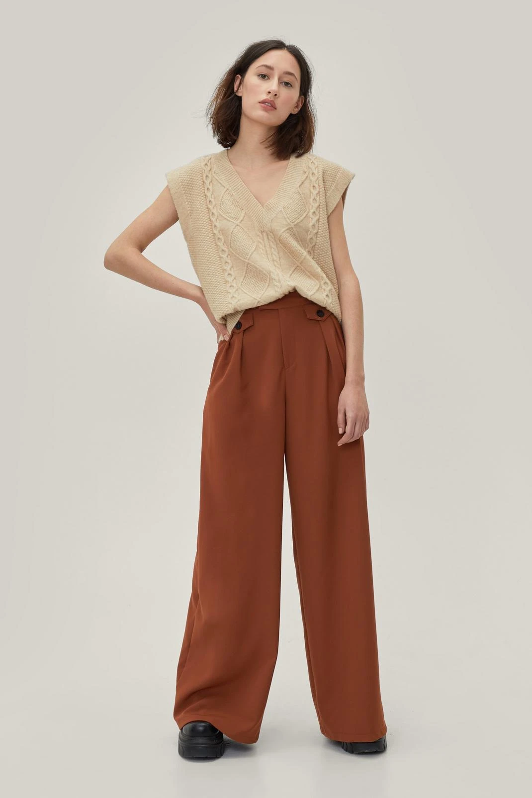 Pleated Button Detail Tailored Wide Leg Pants - Image 2