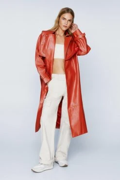 Belted Faux Leather Trench Coat