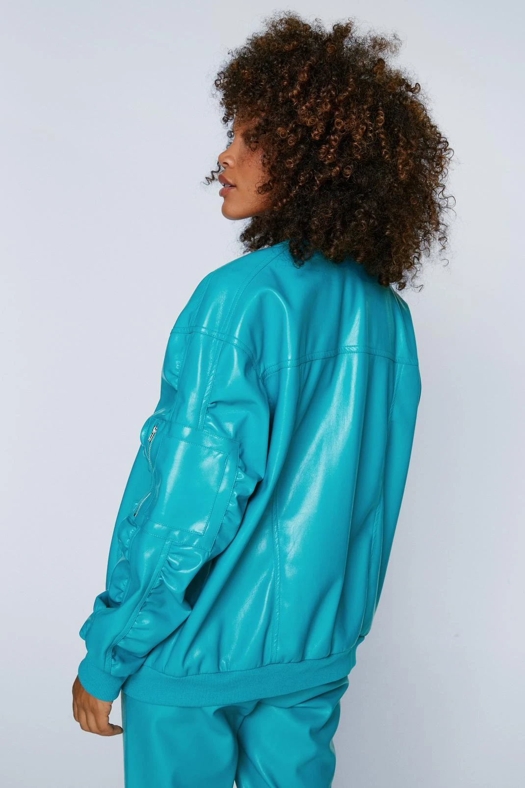 Faux Leather Ruched Sleeve Bomber Jacket - Image 3