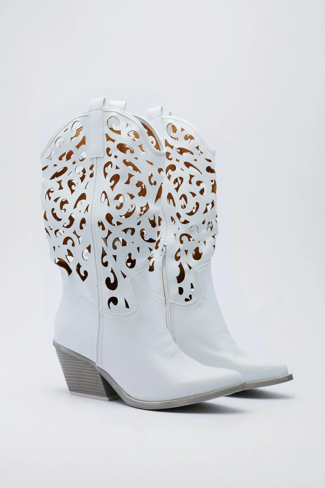 Faux Leather Baroque Knee High Cowboy Boots - Image 3