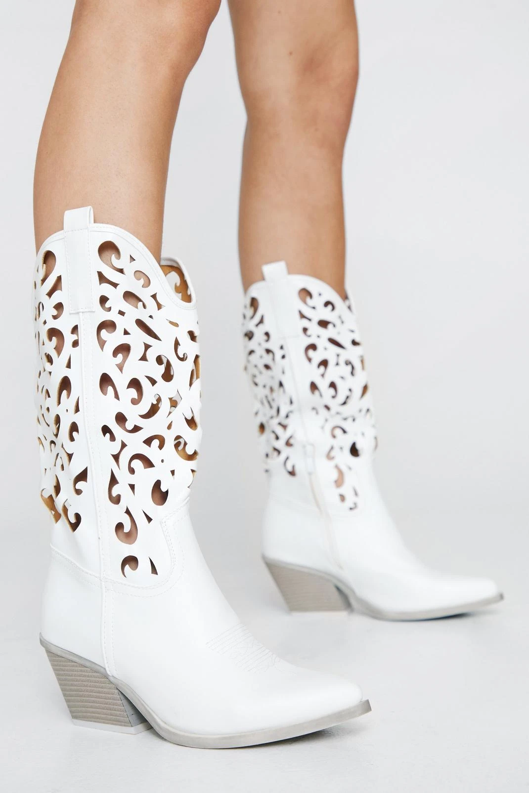 Faux Leather Baroque Knee High Cowboy Boots