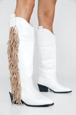 Faux Leather Tassel Knee High Cowboy Boots