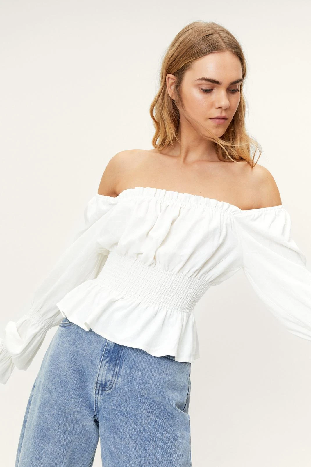 Linen Smocked Detail Long Sleeve Top - Image 2