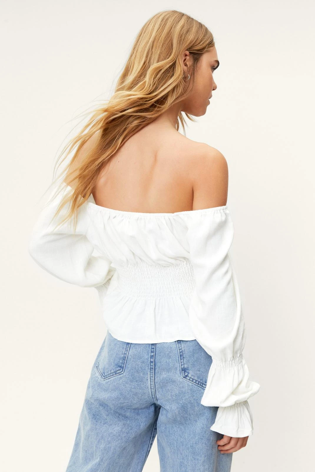 Linen Smocked Detail Long Sleeve Top - Image 3