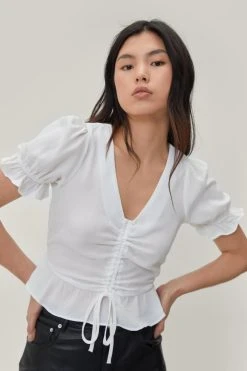 Ruched Tie Front Cropped Smock Top