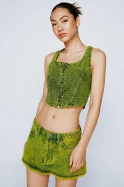 Acid Wash Scoop Neck Corset Denim Top