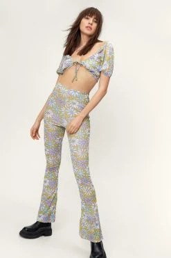 Floral Print Mesh Fit And Flared Pants