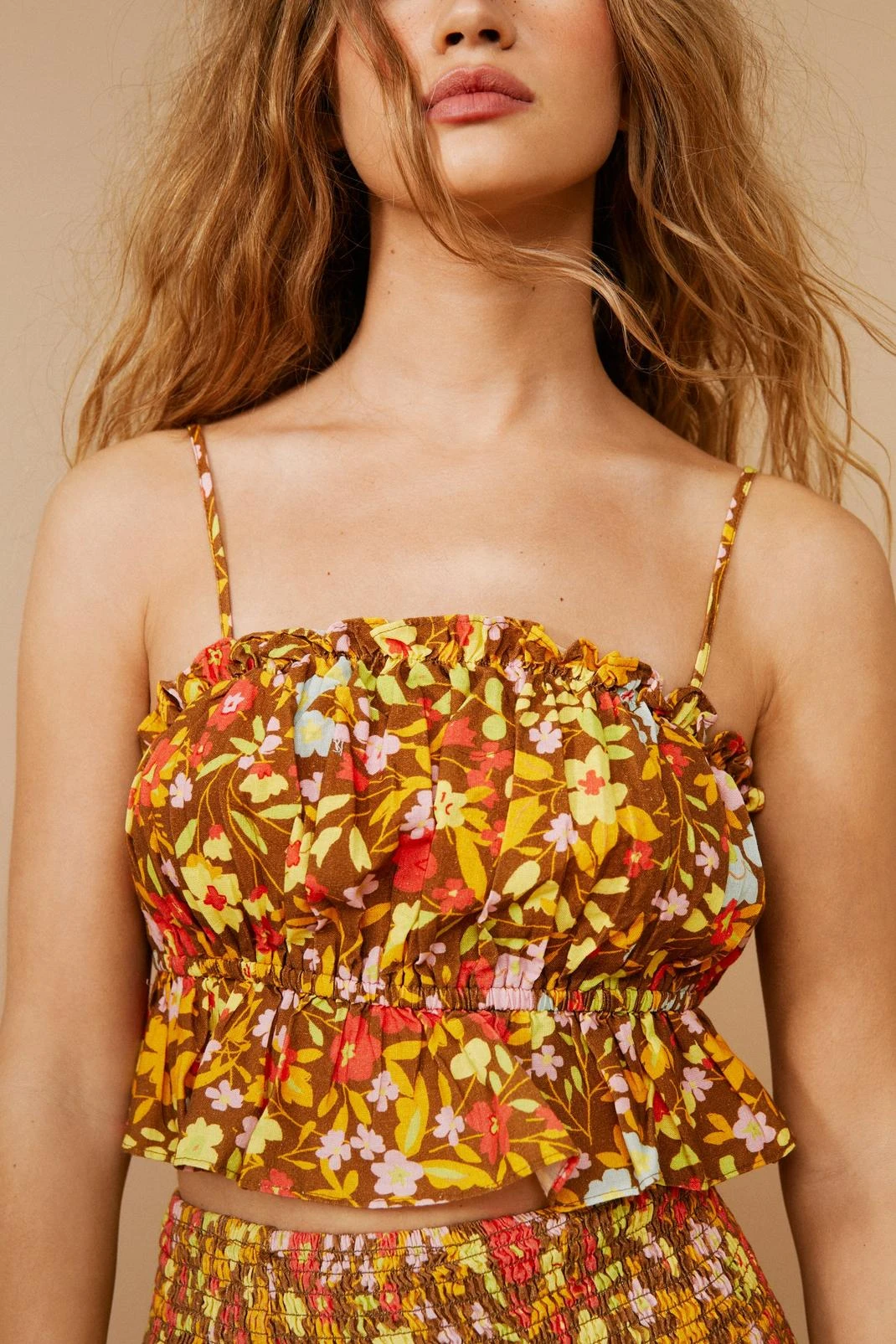 Linen Floral Strappy Crop Top